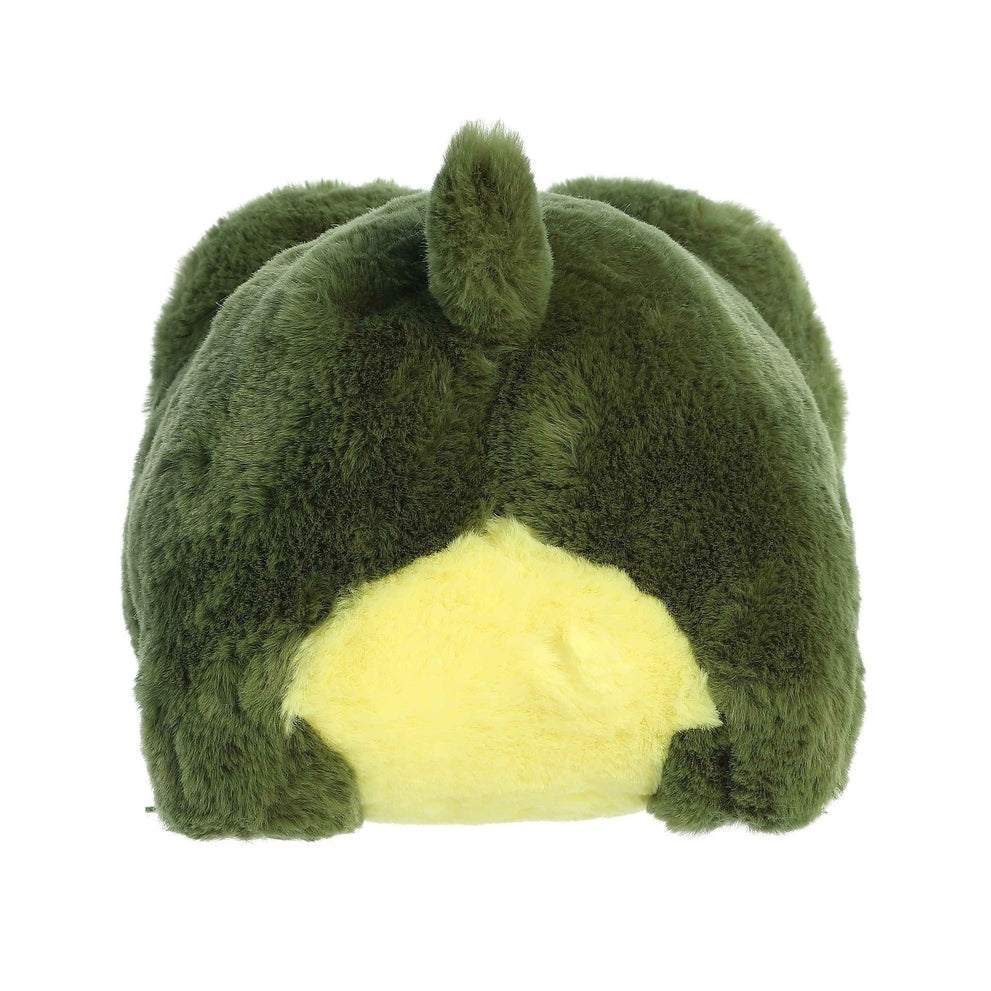 Aurora Spudsters August Alligator 10" plush, green with yellow belly, shown from behind for a cuddly toy vibe.