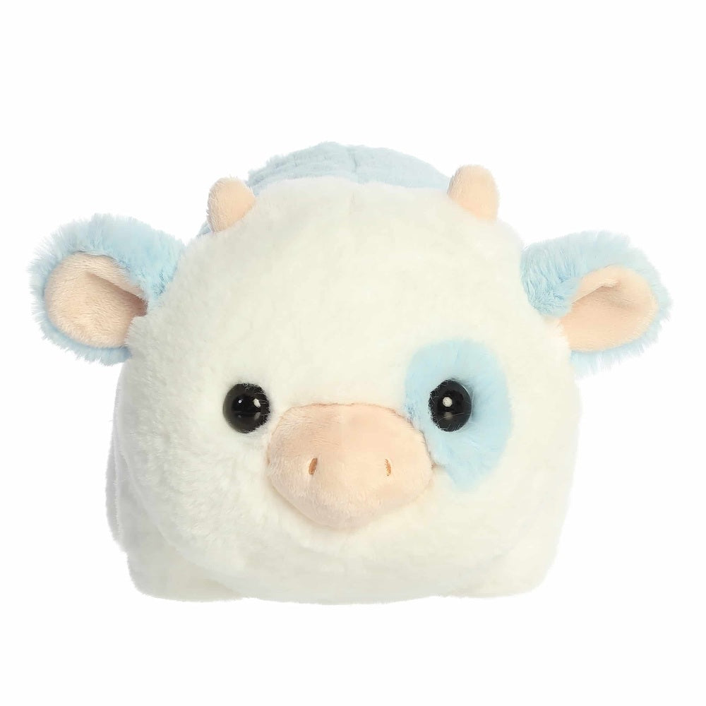 Aurora Spudsters Bonnie Blueberry Cow 10" plush toy with soft white fur and blue patches, black eyes.