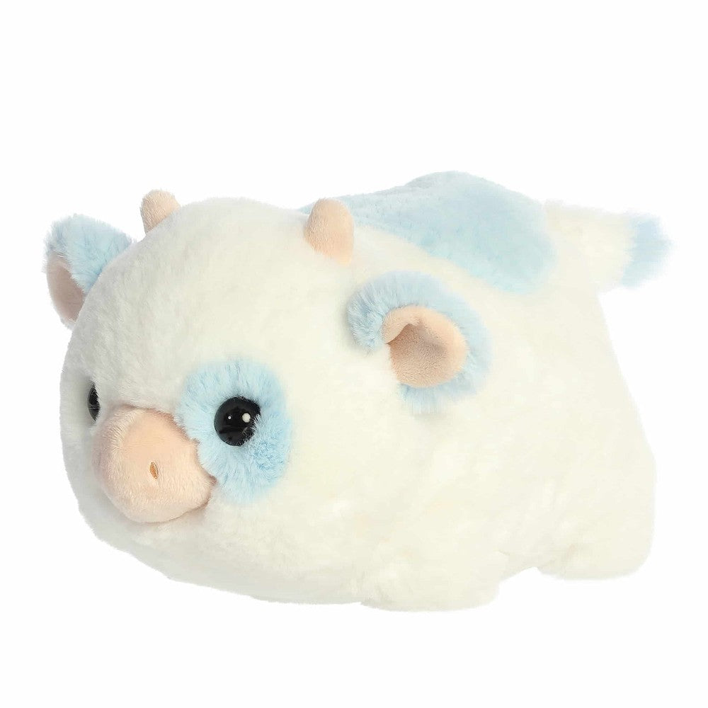 Aurora Spudsters Bonnie Blueberry Cow 10" plush, white with blue accents, soft cuddle toy.