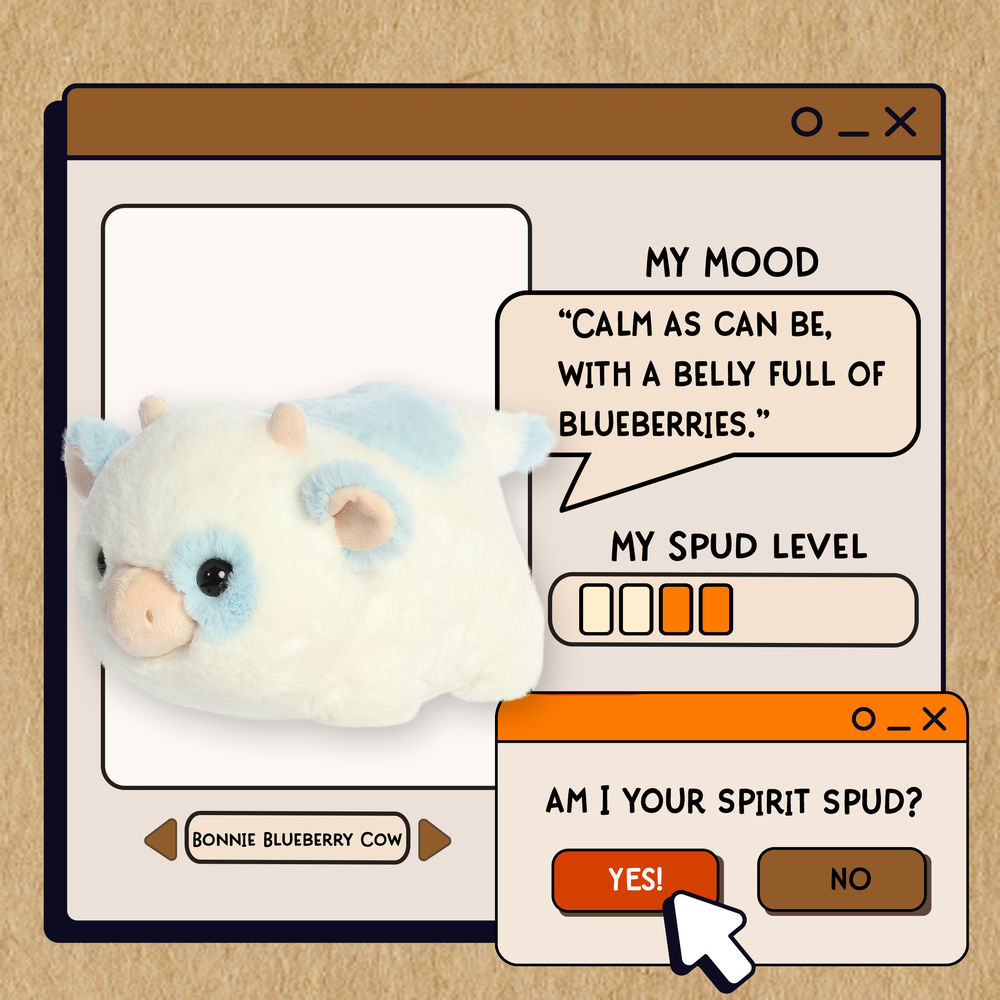 Aurora Spudsters Bonnie Blueberry Cow 10" plush, cream with blue accents, beside playful UI panels.