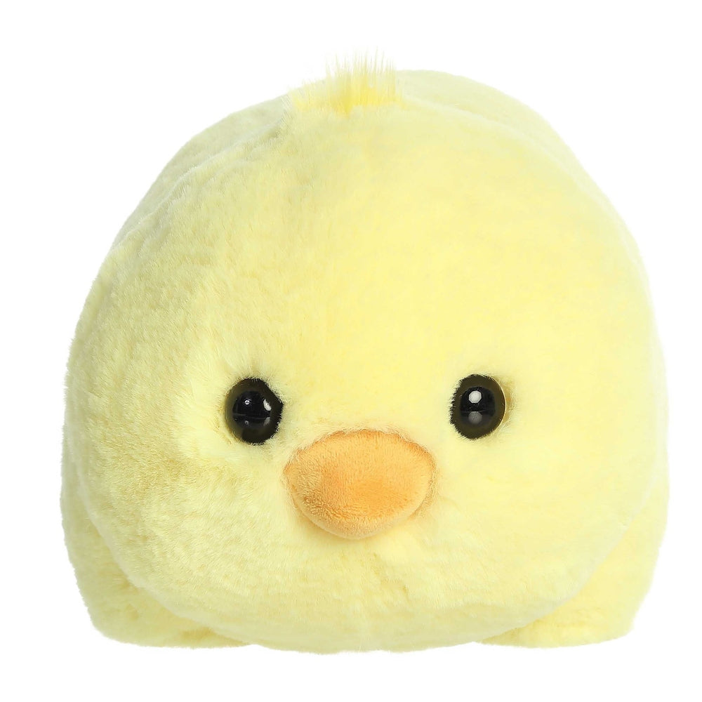 Aurora Spudsters Cece Chick 10-inch plush toy in soft yellow with orange beak and black eyes, cuddly.
