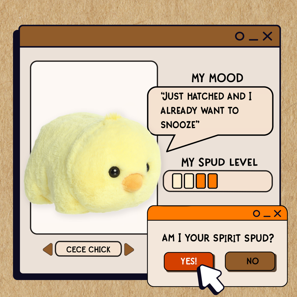 Aurora Spudsters Cece Chick 10" plush toy, a soft yellow stuffed chick featured in a playful UI mockup scene.
