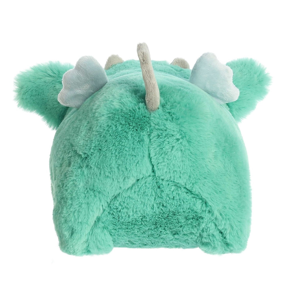 Aurora Spudsters Della Dragon 10 inch plush toy, turquoise soft fur with white wings, shown from back ready for cuddling