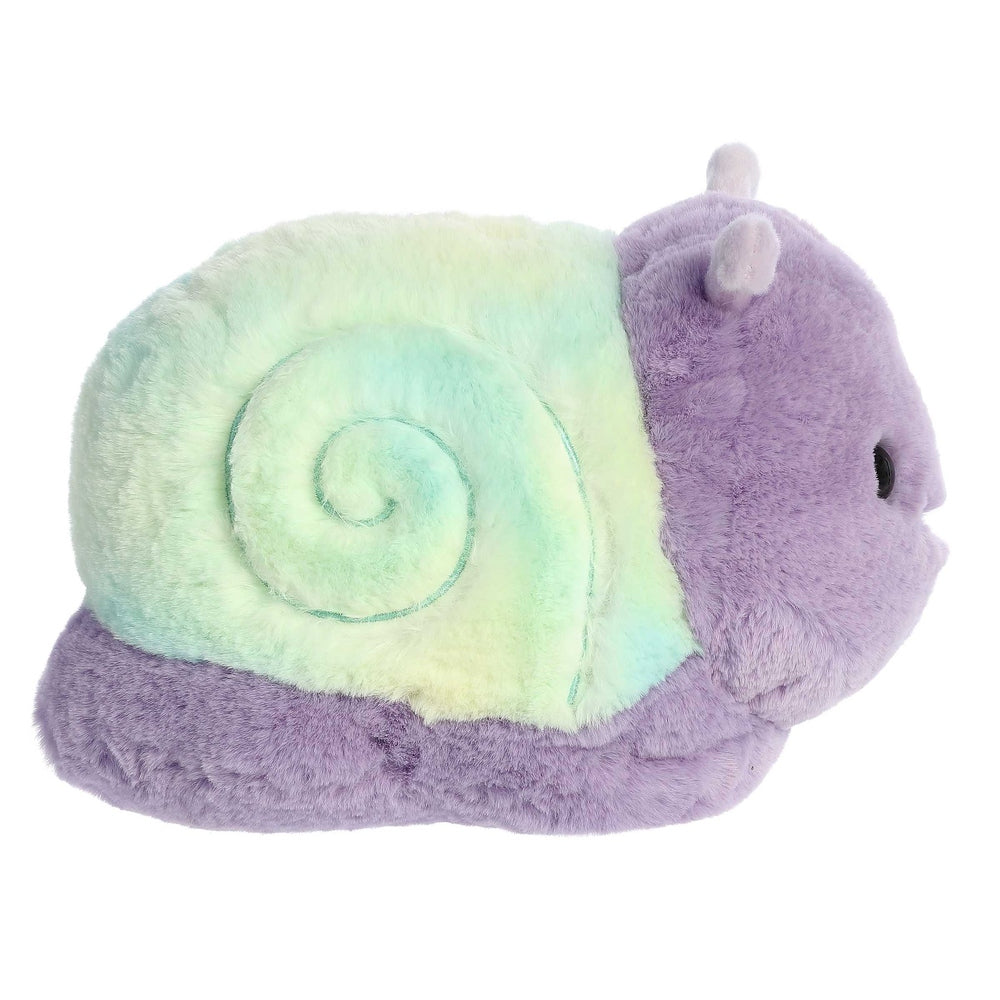 Aurora Spudsters Emily Snail plush toy, lavender body with pastel rainbow shell, perfect for cuddling.
