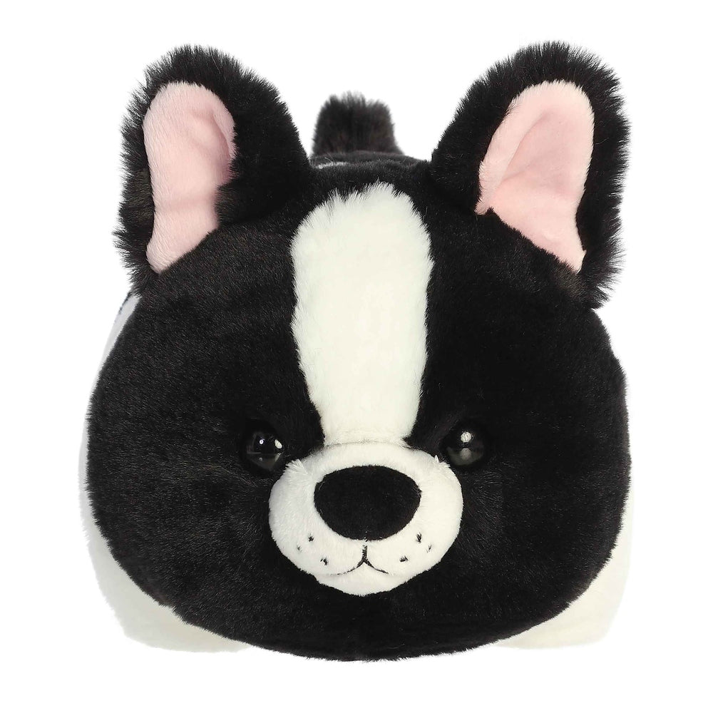 Aurora Spudsters Fern French Bulldog 10" plush toy, black and white fur with pink inner ears, face-forward.
