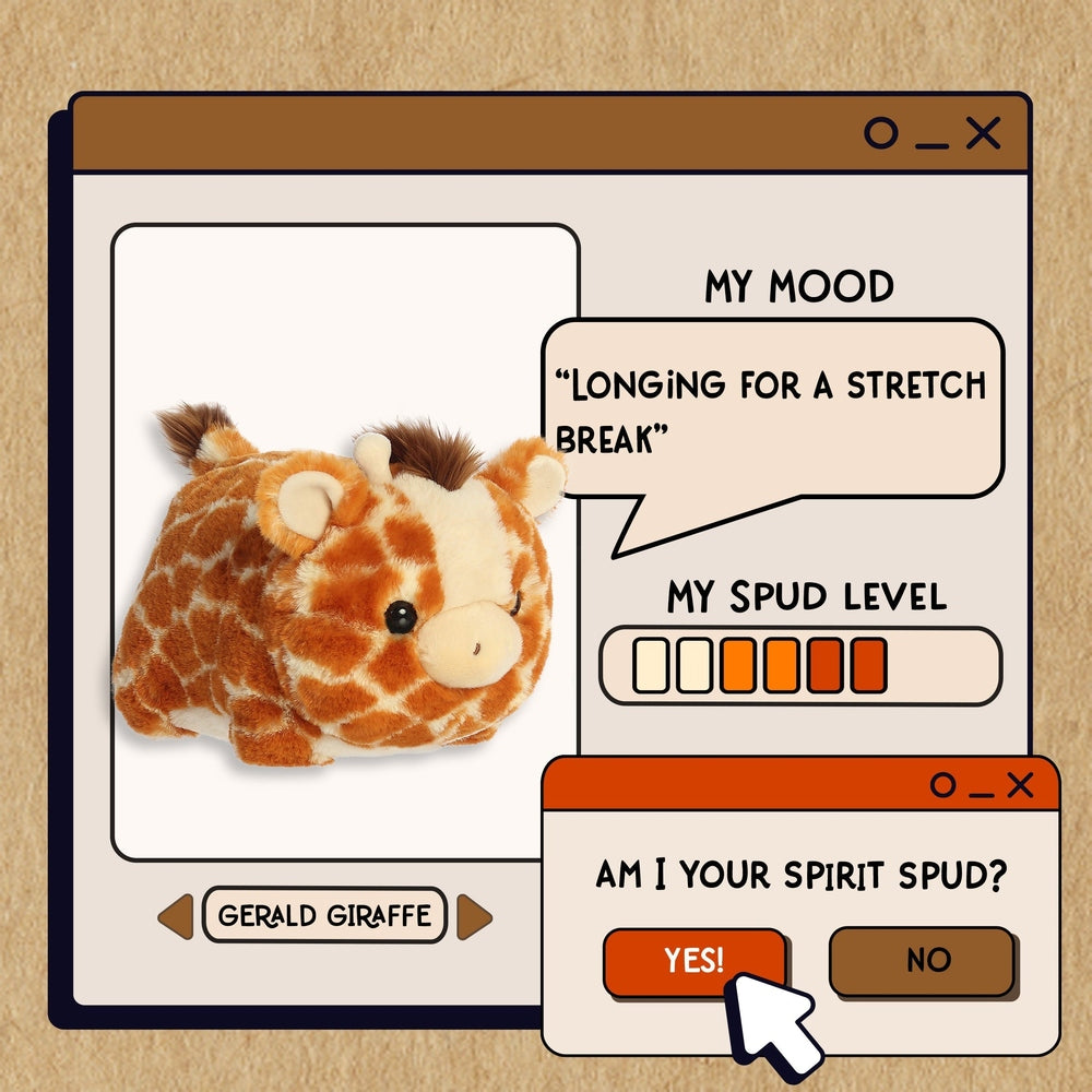 Aurora Spudsters Gerald Giraffe 10in plush shown in a comic-style UI with mood meter and spirit spud prompt.