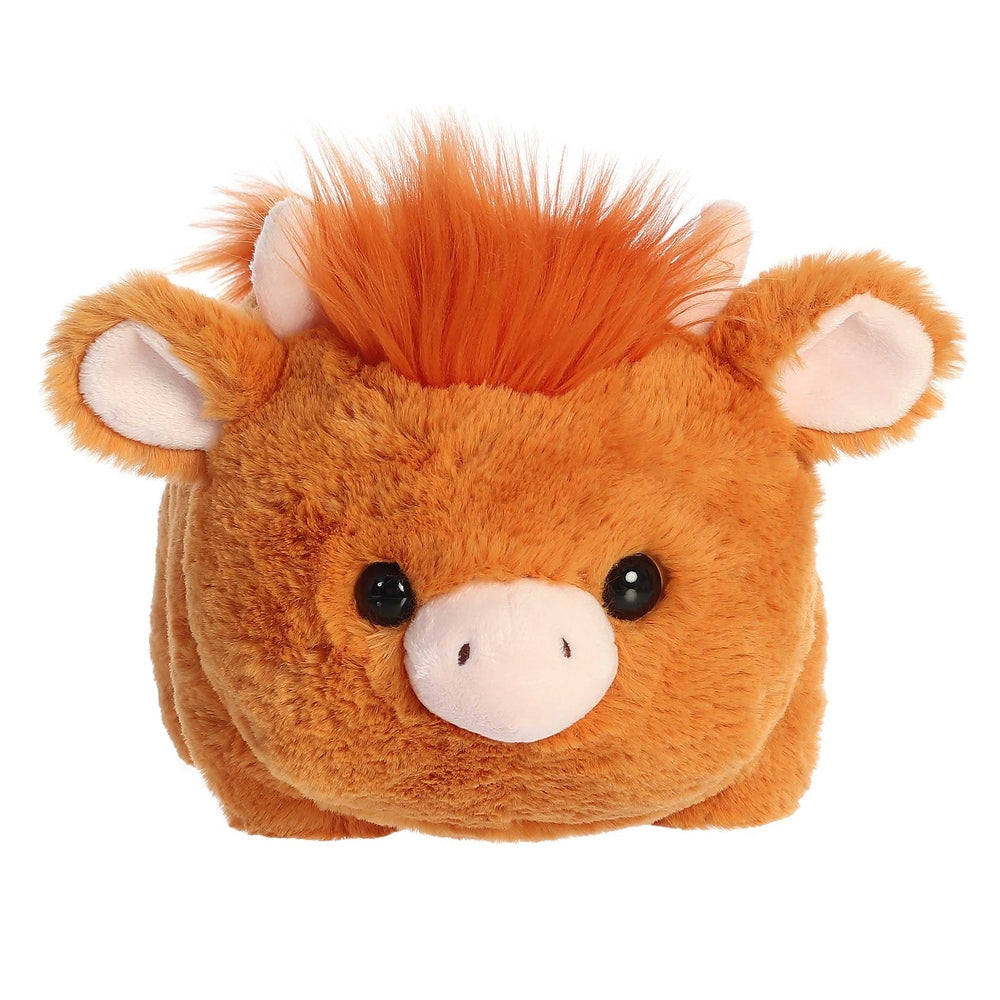 Aurora Spudsters Hamish Highland Cow 10" plush toy with soft orange fur, tuft mane, and big eyes for hugs