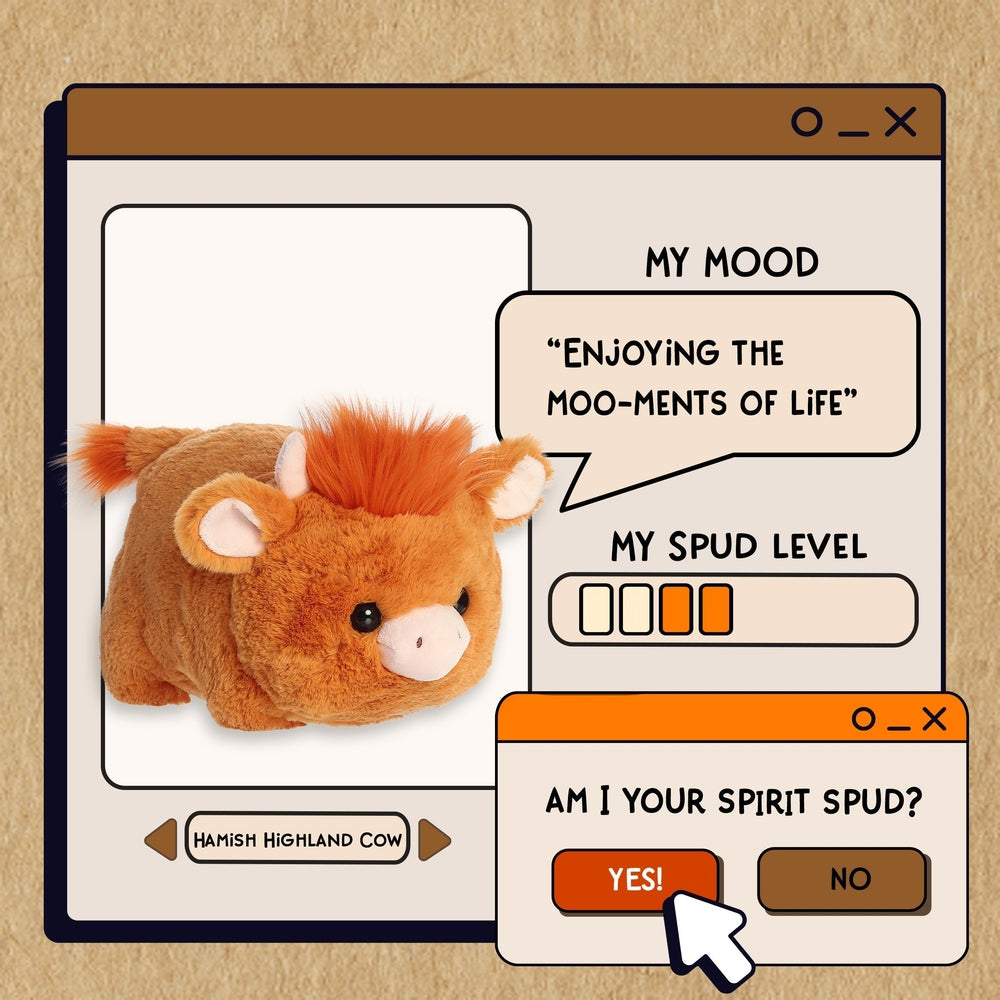 Aurora Spudsters Hamish Highland Cow 10" plush, orange-brown with white muzzle, shown beside a cartoon computer panel.