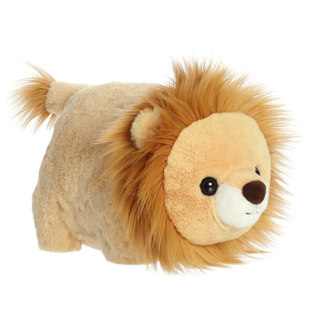 Aurora Spudsters Logan Lion 10" plush toy lying on its side, showing soft tan fur and fluffy brown mane.