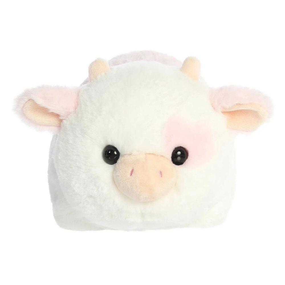 Soft white plush cow head with pink patches, peach ears, black button eyes, pink snout, 10-inch stuffed animal