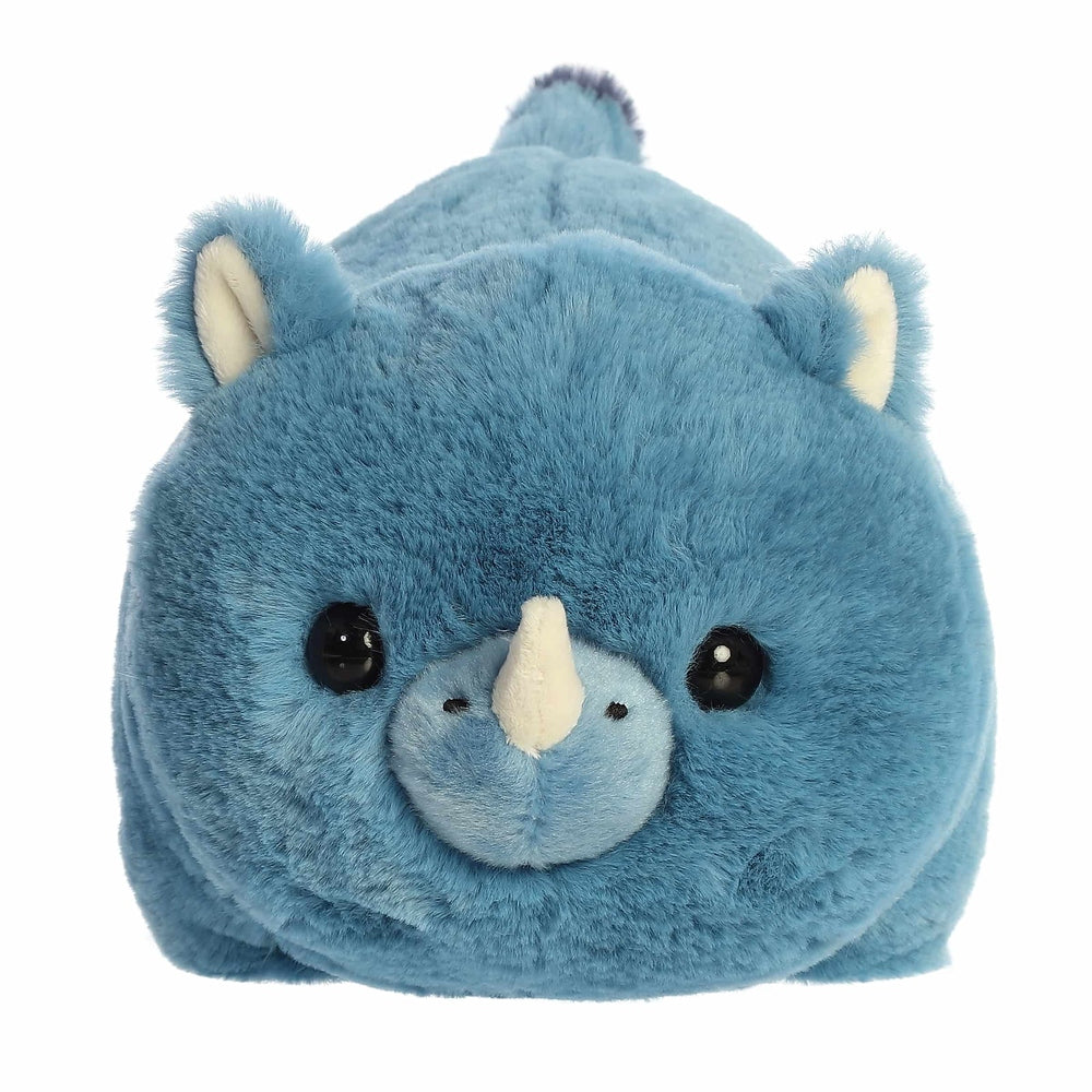 Aurora Spudsters Rio Rhino 10" plush toy; blue fluffy stuffed animal with cream horn and black button eyes.