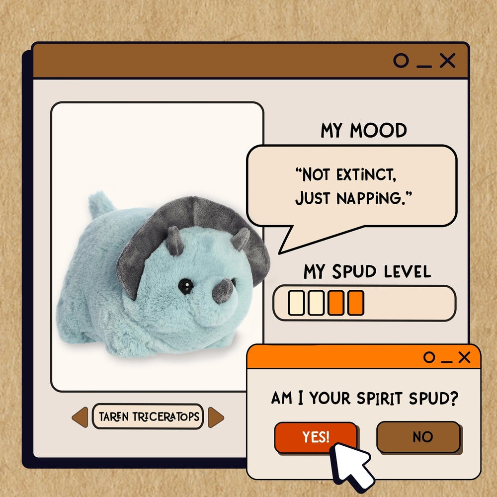 Aurora Spudsters Taren Triceratops 10" plush toy in blue, shown with cartoon mood panels for cuddly Play.