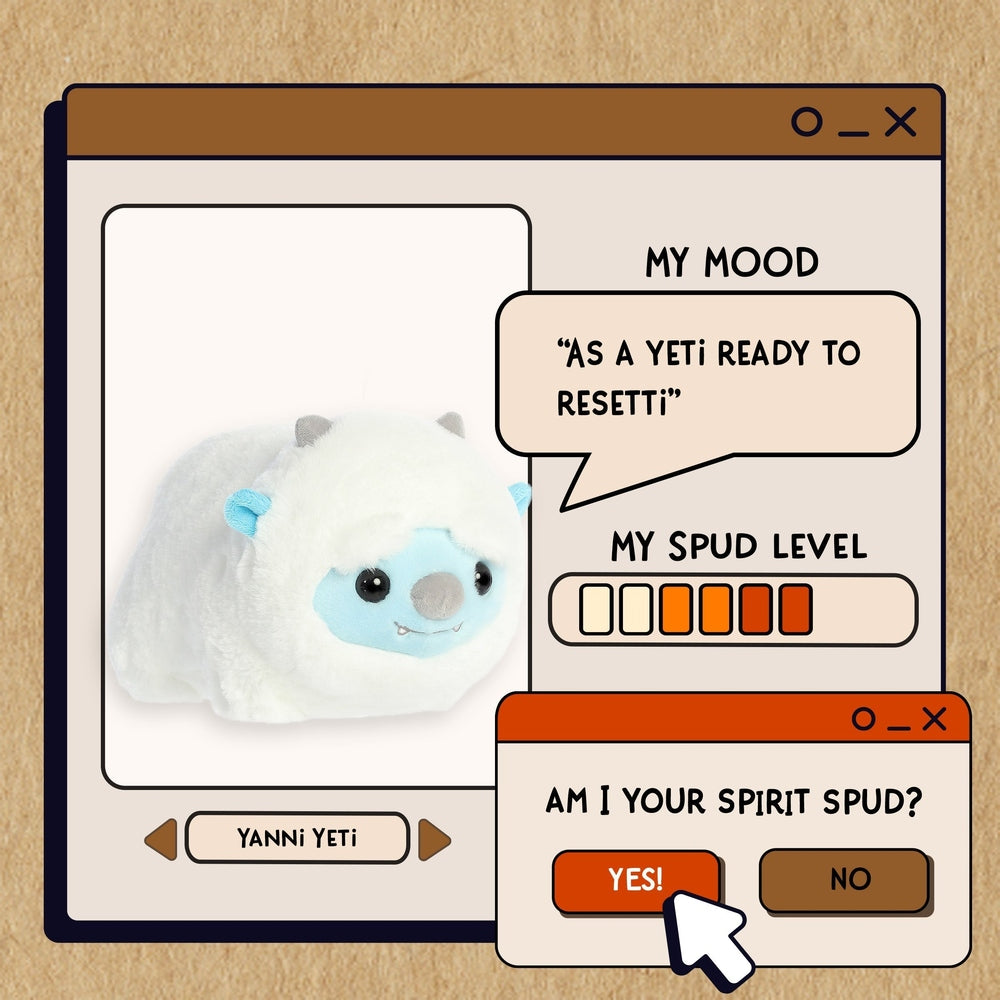 Aurora Spudsters Yanni Yeti 10" plush displayed in a playful UI, fluffy white fur, blue face, mood meter.