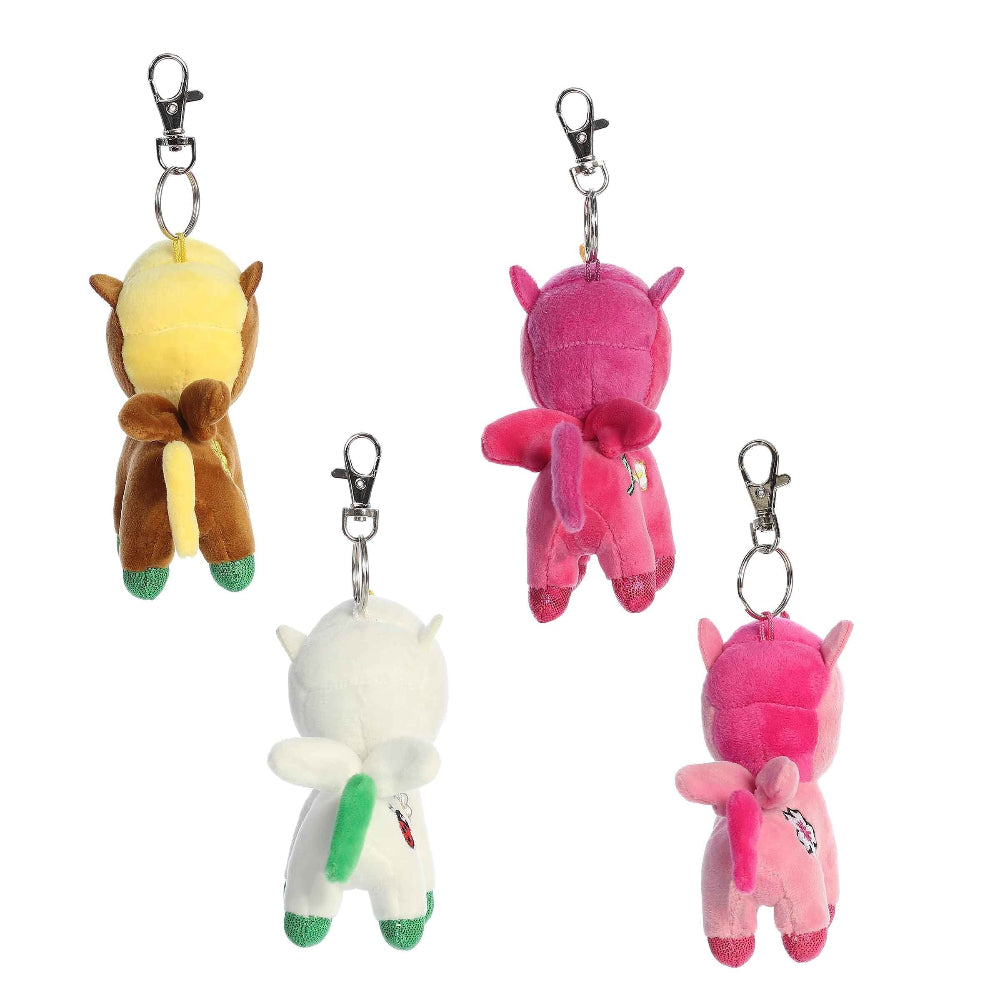 Aurora Tokidoki Flower Power 4.5in stuffed animal keychains, set of 4 in yellow/brown, pink, white, and pink