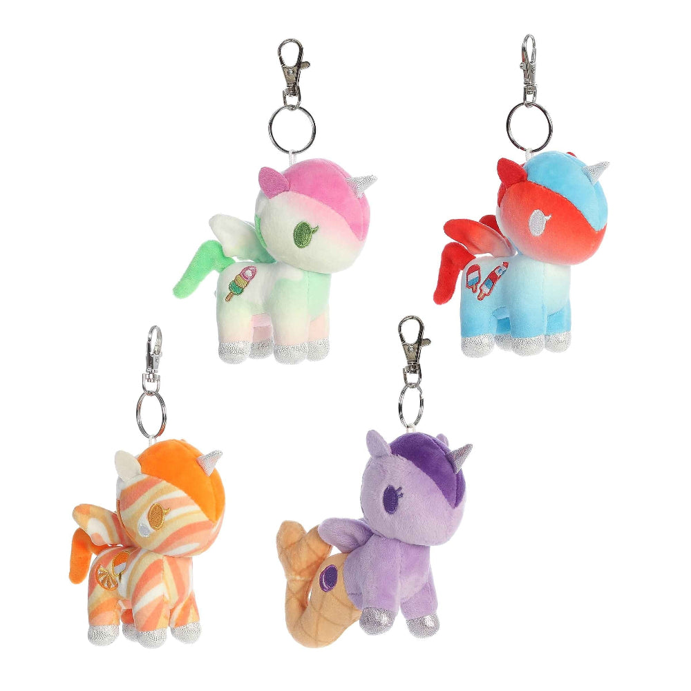 Aurora Tokidoki Frozen Treats stuffed unicorn keychains, 4 colorful pastel plush toys with metal clips