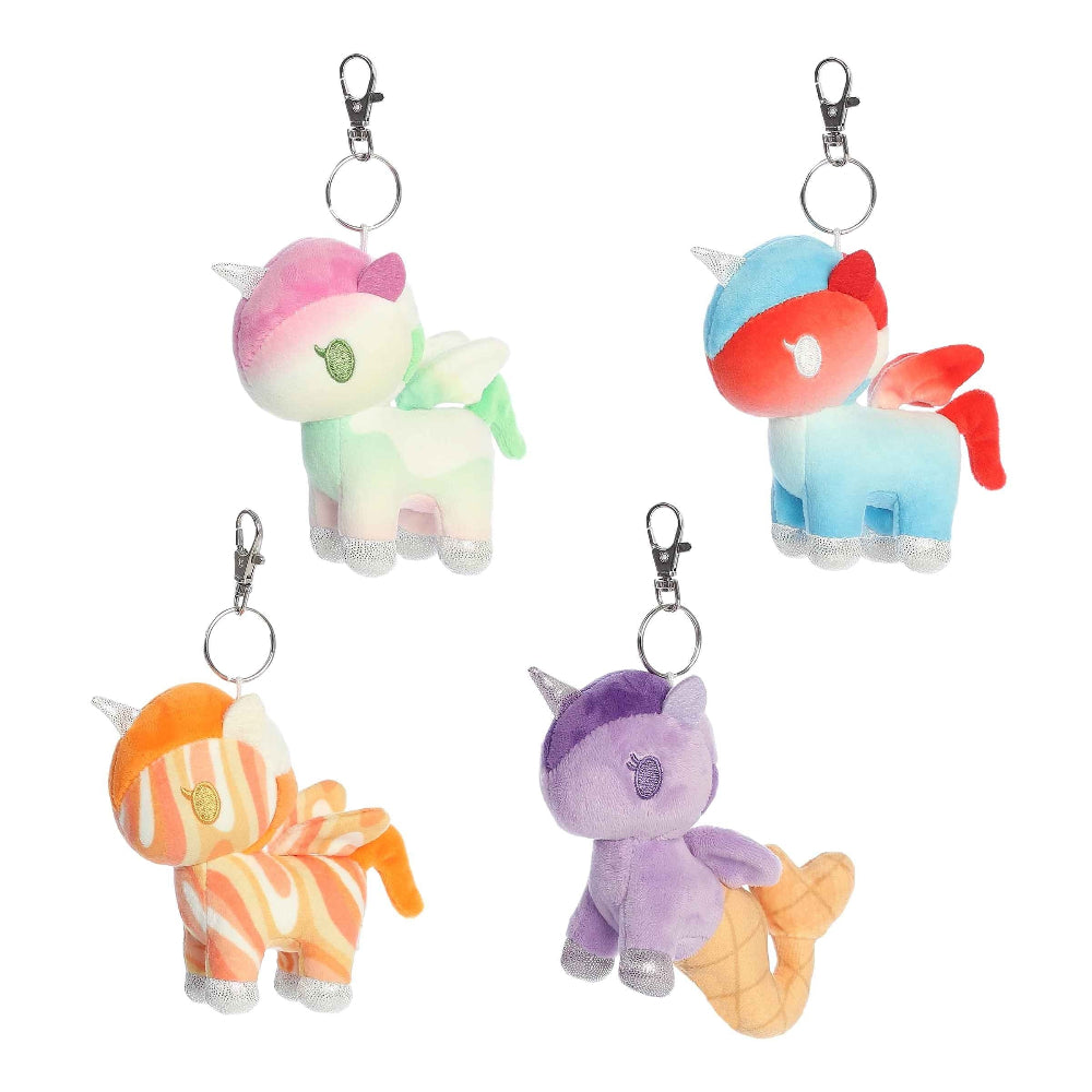 Aurora Tokidoki Frozen Treats unicorn plush keychains, 4.5-inch pastel rainbow, set of 4