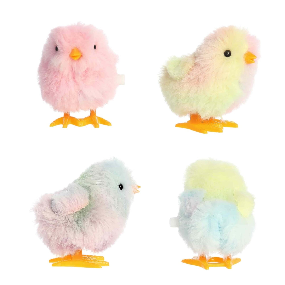 Aurora plush wind-up chick, 3", pastel pink/yellow/blue fluff with orange beak and feet (set of 4)