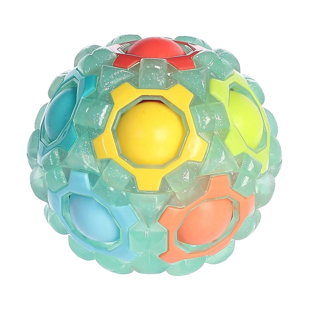Aurora Toys Rainbow Puzzle Ball plush toy, colorful interlocking panels encircle a bright yellow core.