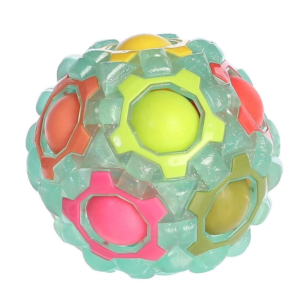 Aurora Toys Rainbow Puzzle Ball, a colorful mechanical puzzle ball with neon panels and interlocking hex frames.