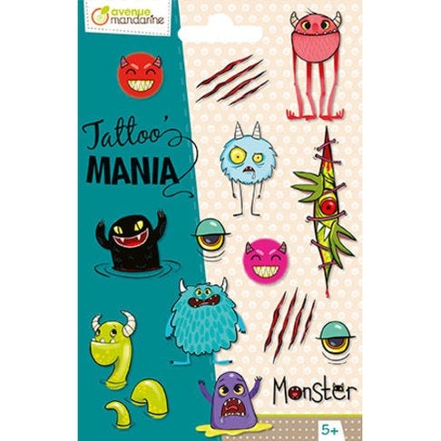 Tattoo Mania sticker sheet by Avenue Mandarine with colorful monster designs for kids (5+)
