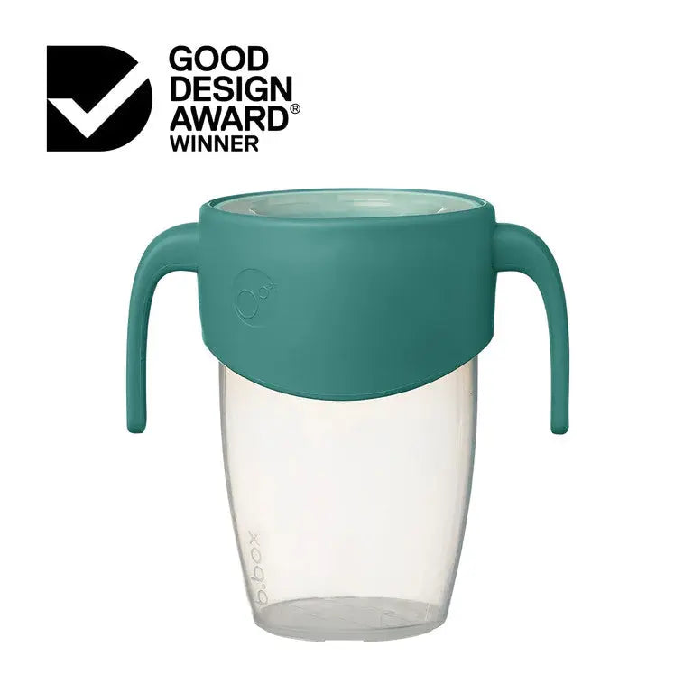 B.Box 360 Cup teal-lid sippy cup with dual handles and clear body for toddlers.