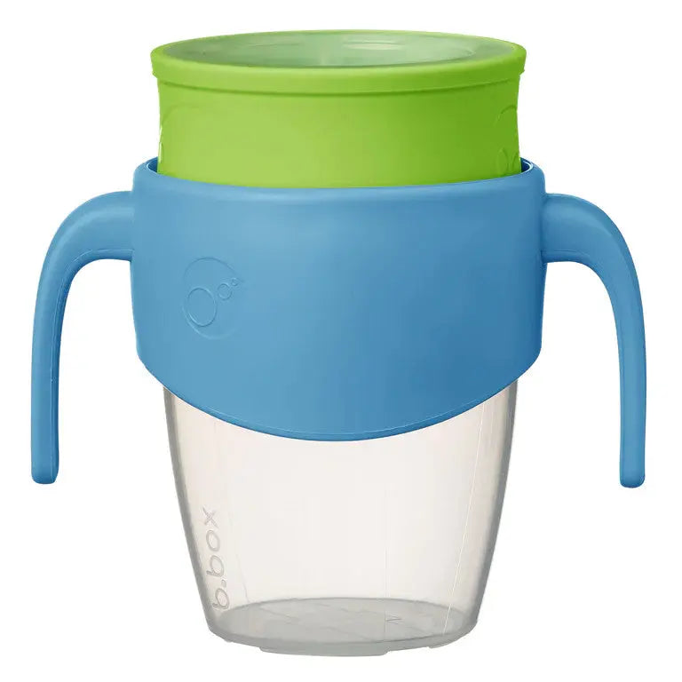 B.Box 360 Cup with blue handles and green lid, spill-proof sippy cup designed for easy grip.