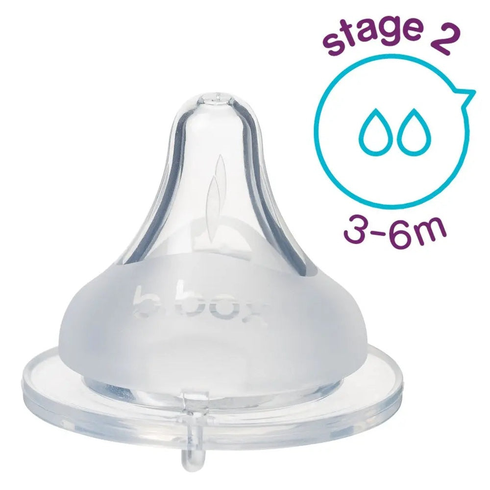 B.Box Baby Bottle Anti Colic Teat 2Pk, clear silicone Stage 2 (3–6m) teat shown on bottle