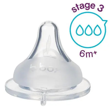 B.Box Baby Bottle Anti Colic Teat Stage 3 (6m+), 2-pack, clear silicone nipple with wide base.