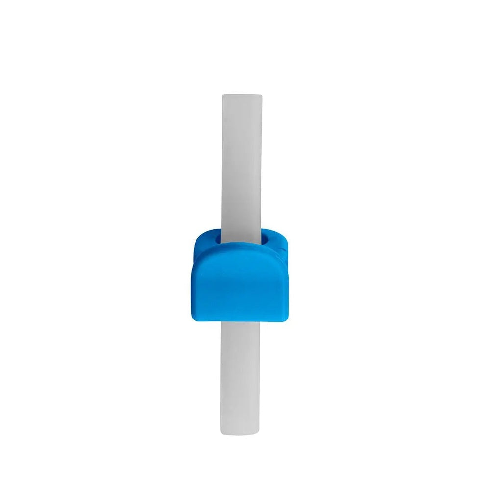 B.Box Bowl & Straw in blue silicone clip securing a white straw to a vertical rod during baby feeding