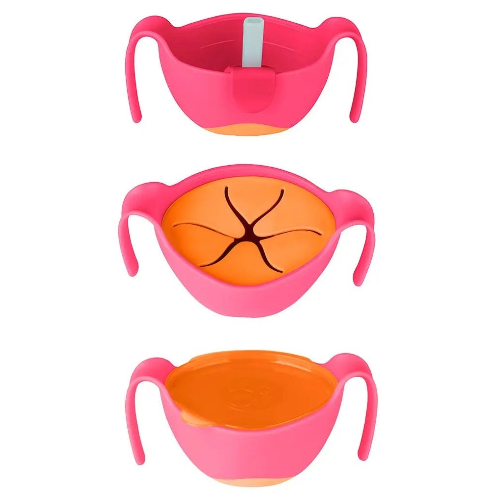 B.Box Bowl & Straw set of 3 pink baby bowls with orange lids and easy-grip handles on display