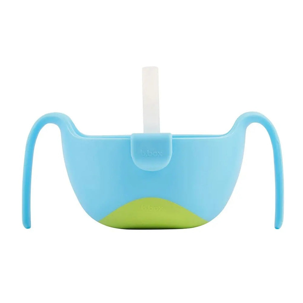 B.Box Bowl XL & Straw, blue bowl with lime-green base and built-in straw standing upright for sip-friendly feeding.