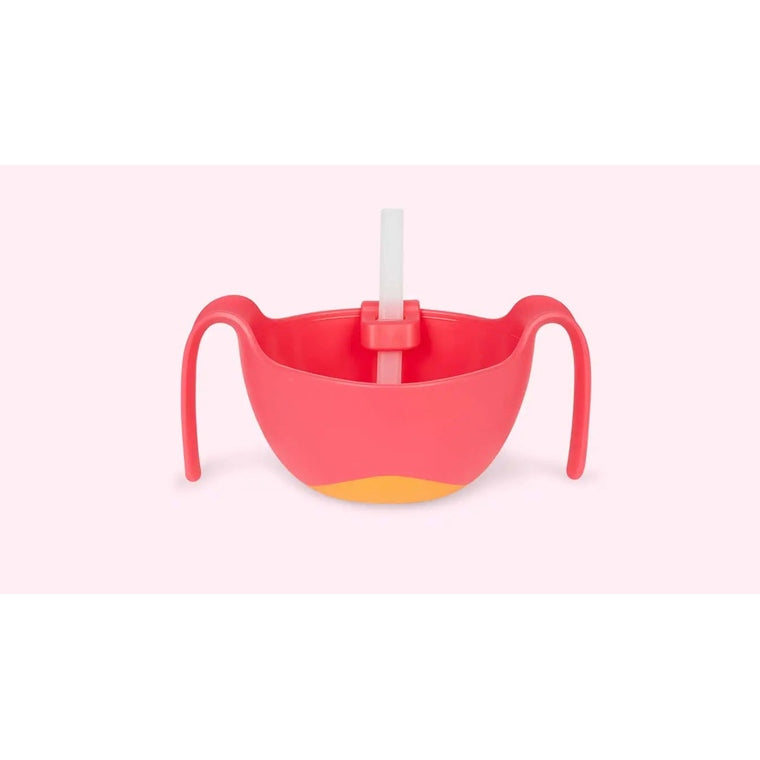 B.Box Bowl XL & Straw in pink with yellow base; built-in white straw stands upright, ready for baby feeding.