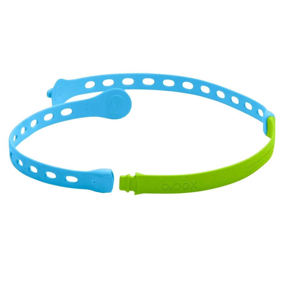 B.Box Connect A Cup sippy cup on a blue strap with lime green clasp, worn on the wrist to prevent spills.
