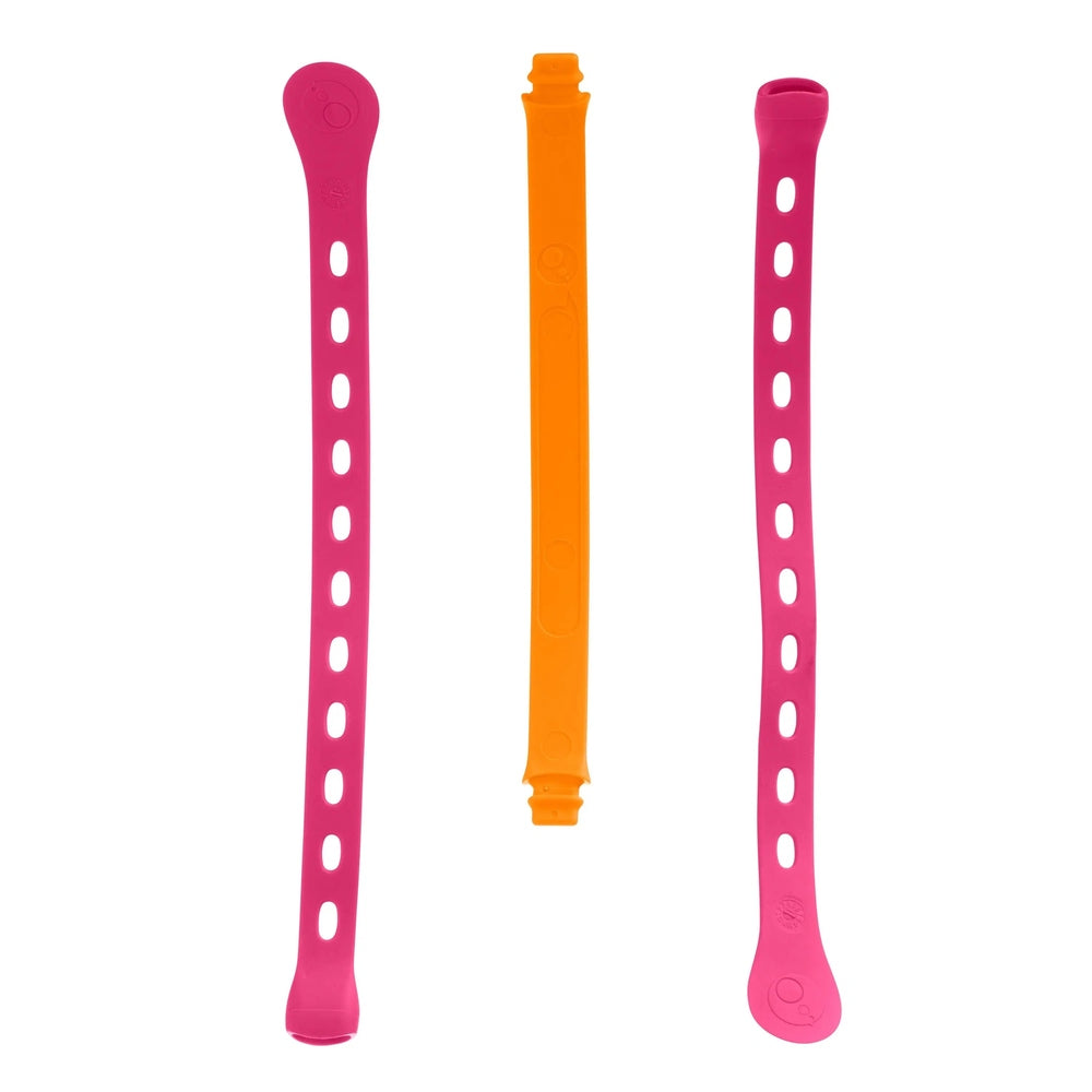 B.Box Connect A Cup with two pink straw sleeves and orange connector, demonstrating modular, adjustable feeding cup.