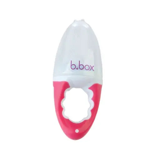B.Box Fresh Food Feeder with pink handle and white mesh, ready for safe baby feeding.