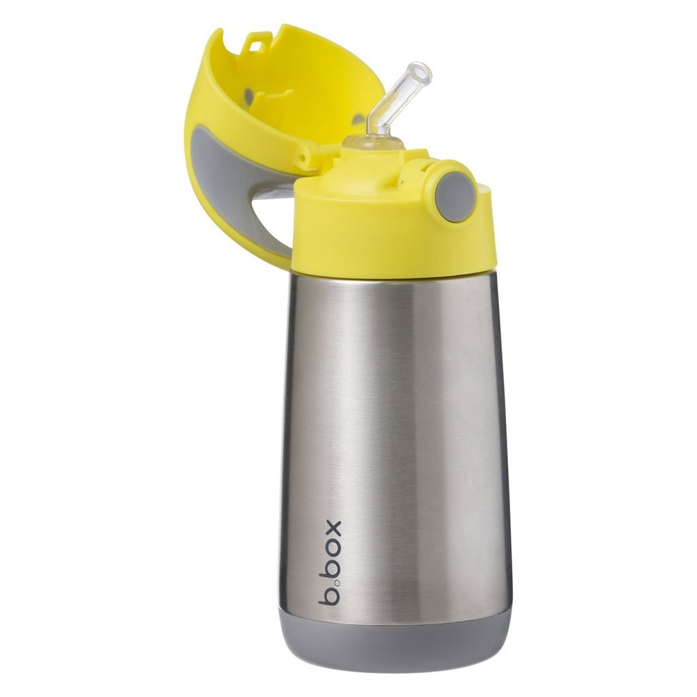B.Box insulated bottle with stainless steel body, bright yellow flip-top lid, gray base