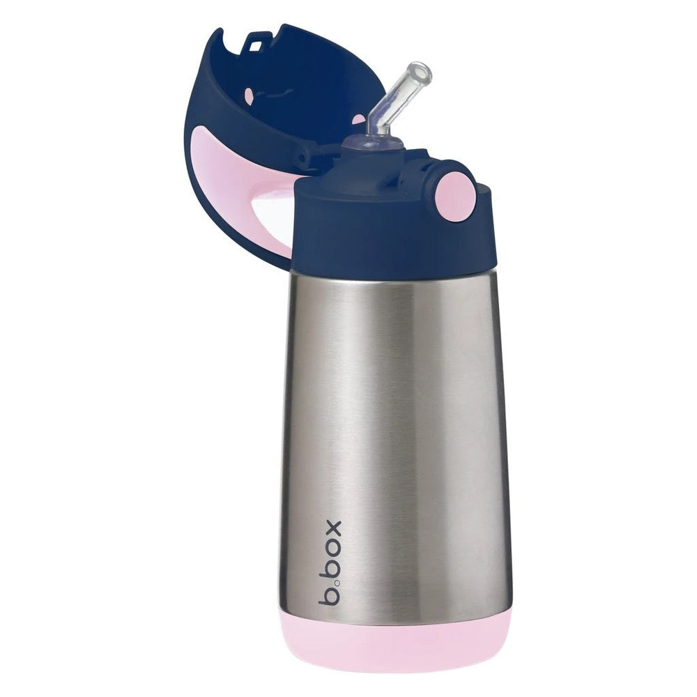 B.Box insulated stainless steel water bottle with blue lid, pink base, and built-in straw