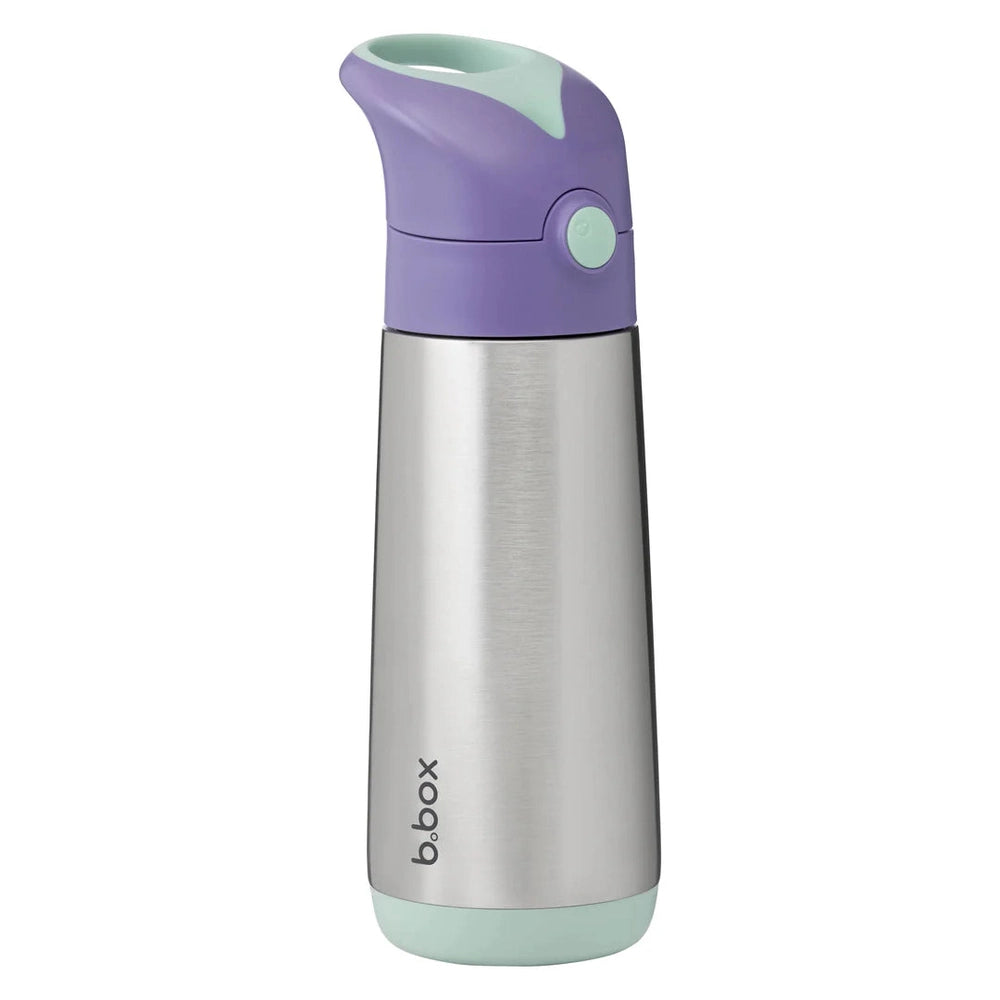 B.Box Insulated Drink Bottle 500 ml with stainless steel body and purple mint lid in upright ready-to-use pose.