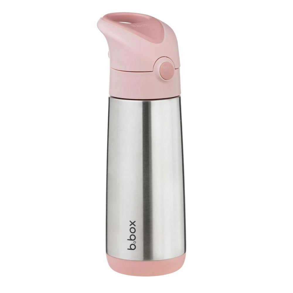 B.Box Insulated Drink Bottle 500 ml in stainless steel with pink screw-top lid, standing upright with pink base accents.