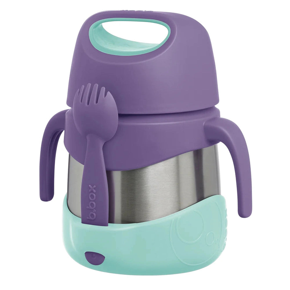 B.Box Insulated Food Jar in purple and teal with dual side handles and an attached spoon for on-the-go meals.