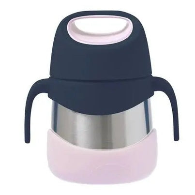 B.Box Insulated Food Jar with navy lid and pink base, stainless-steel body securely gripped by two side handles.