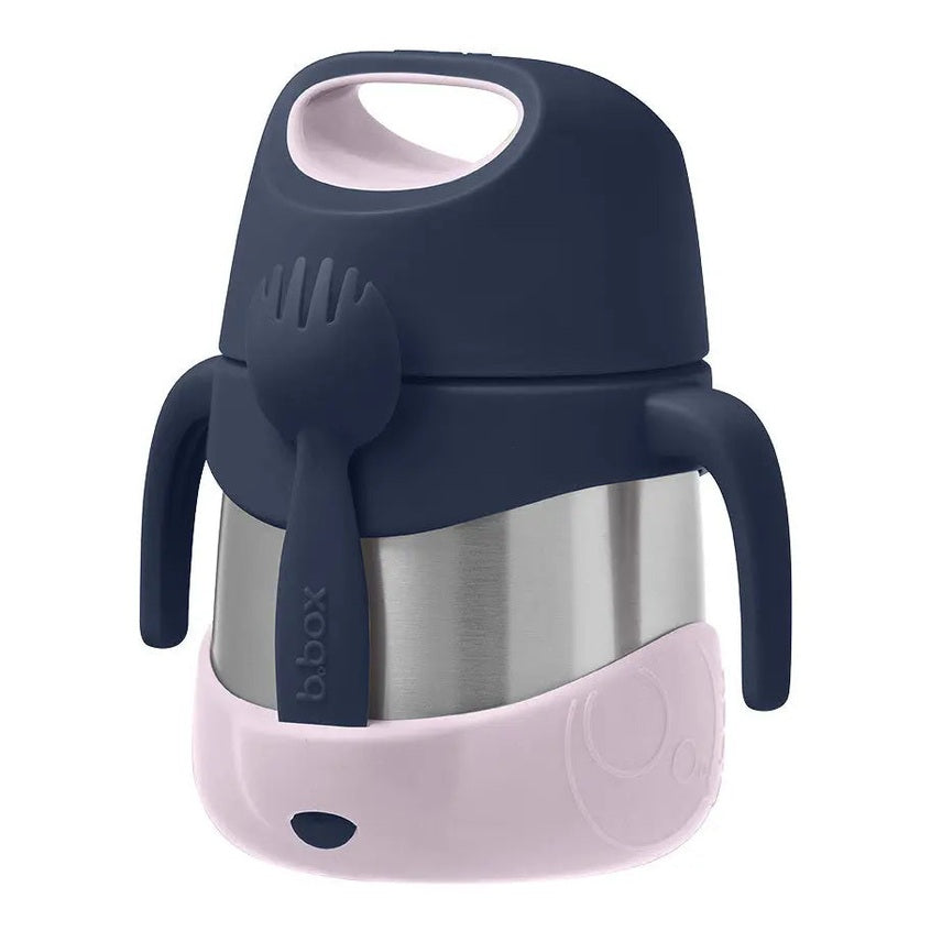 B.Box Insulated Food Jar with navy lid and pink base; stainless steel body, dual handles, attachable spoon.