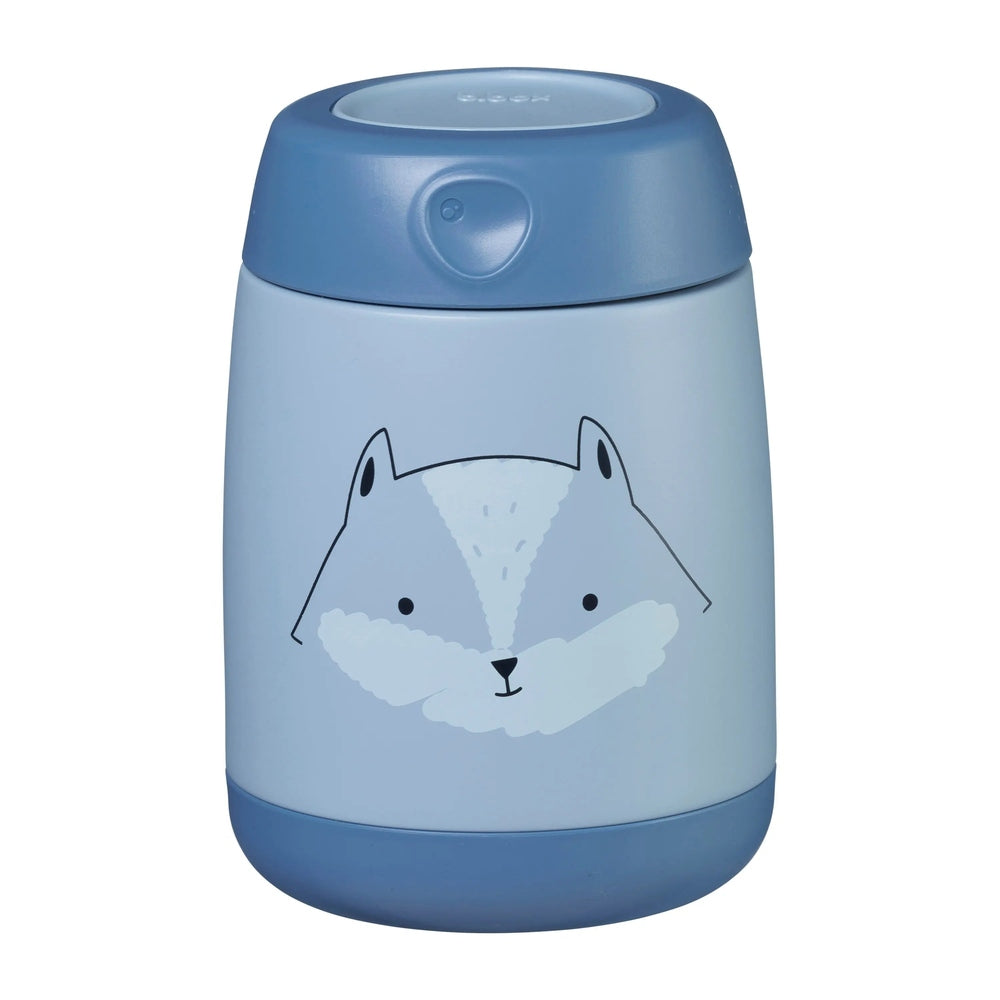B.Box Insulated Food Jar Mini in light blue with dark blue lid and fox illustration, easy-push lid.