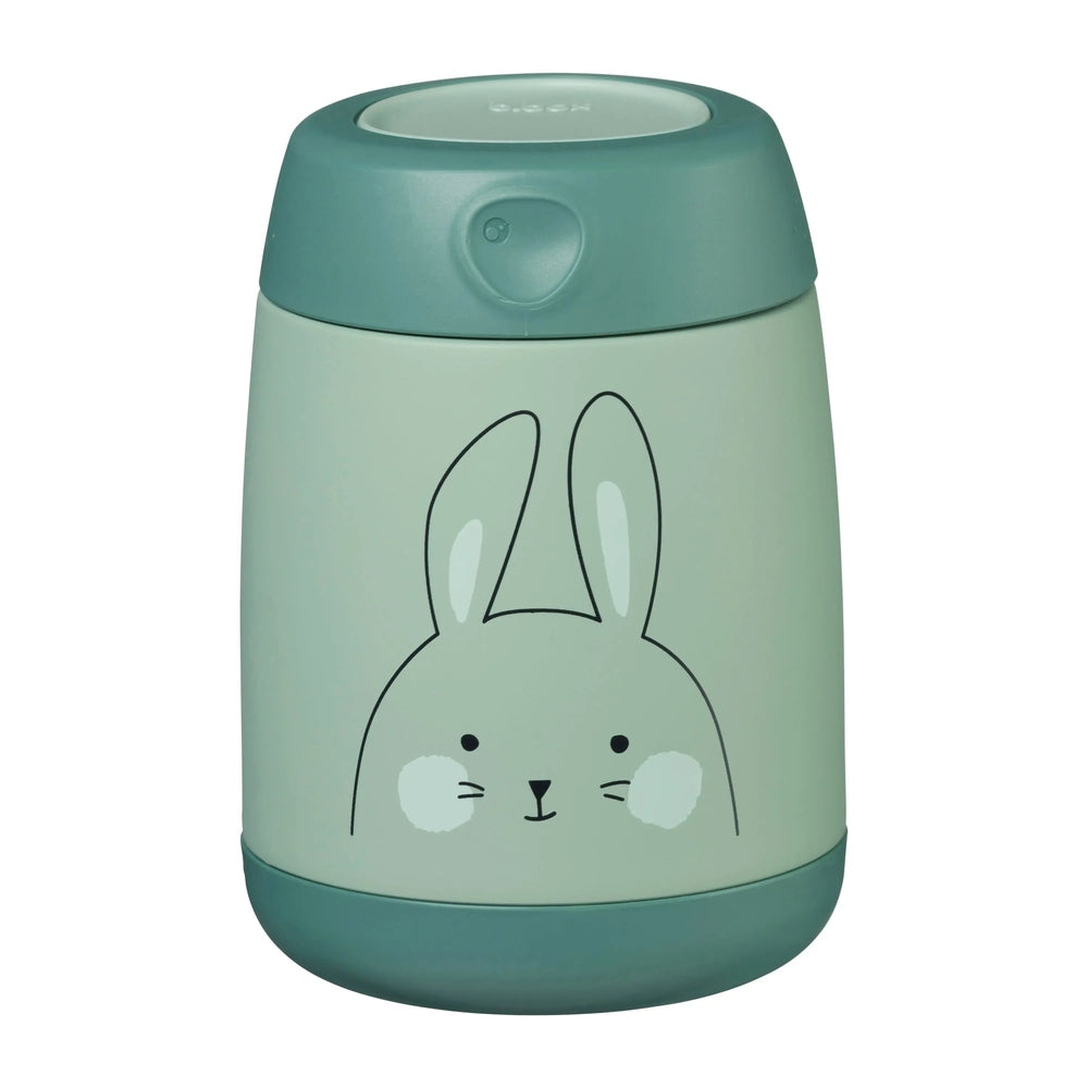 B.Box Insulated Food Jar Mini in mint teal features a cute bunny illustration and a secure teal lid.