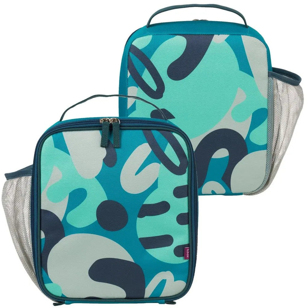 B.Box Insulated Lunchbag set of 2 in teal abstract print, each with mesh side pocket for easy access.