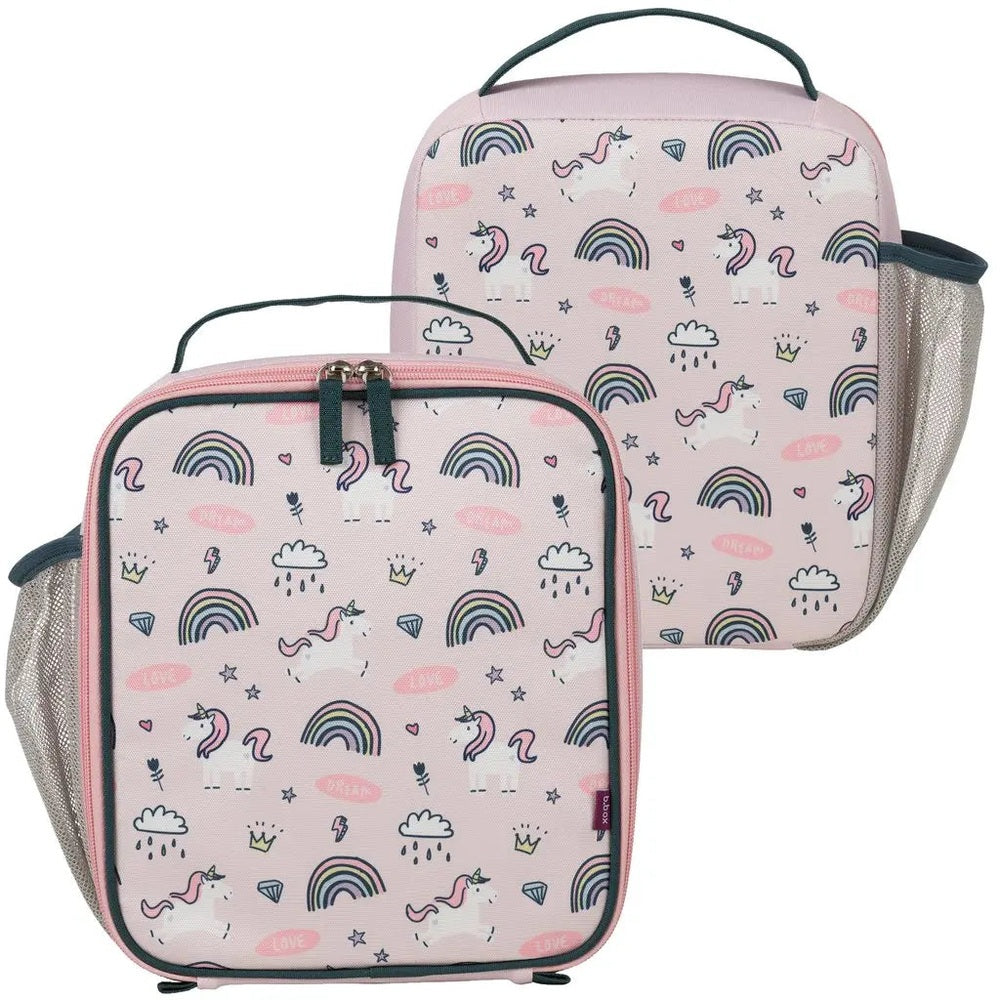 B.Box Insulated Lunchbag set in pink with unicorns and rainbows; two insulated bags with side mesh pockets.