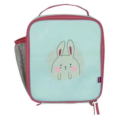 B.Box Insulated Lunchbag pastel blue with pink trim; bunny illustration and side mesh pocket shown.