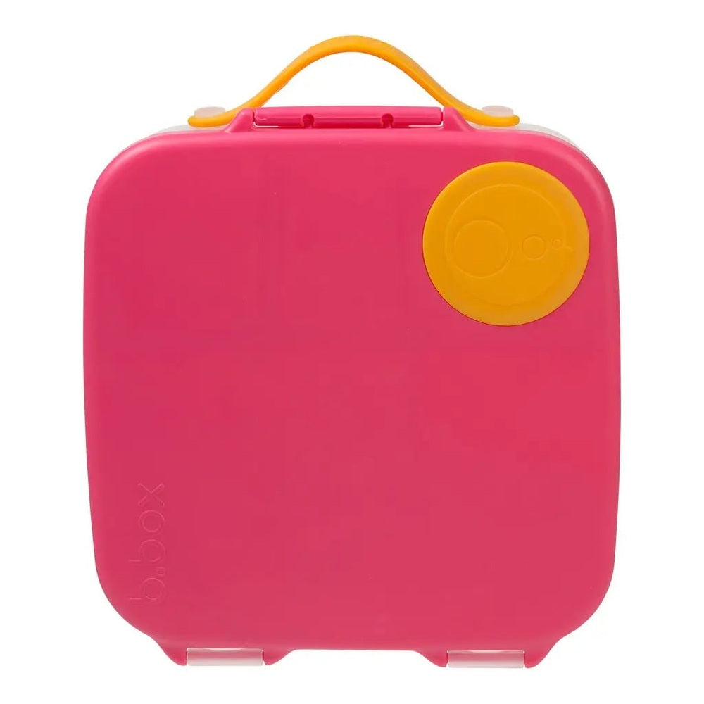 B.Box Lunchbox in bright pink with orange carry handle and yellow lid knob, showing a secure latch.