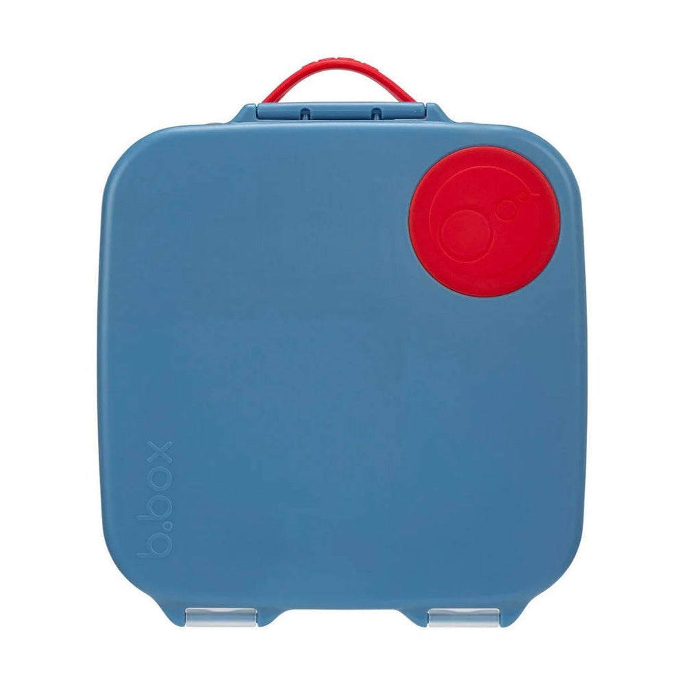 B.Box Lunchbox in blue with a red circular lock dial and red handle, illustrating secure latch and easy carry.