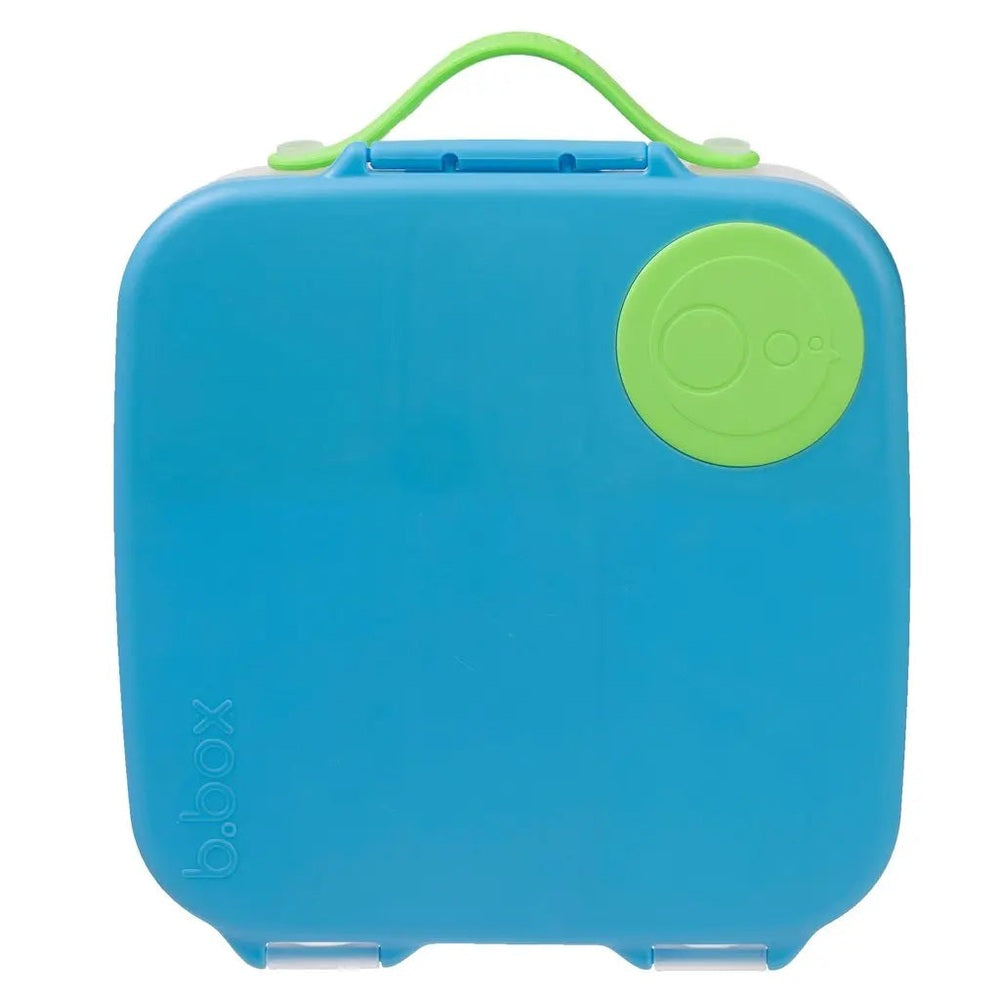 B.Box Lunchbox blue with lime-green handle; circular latch shows secure lid closed.